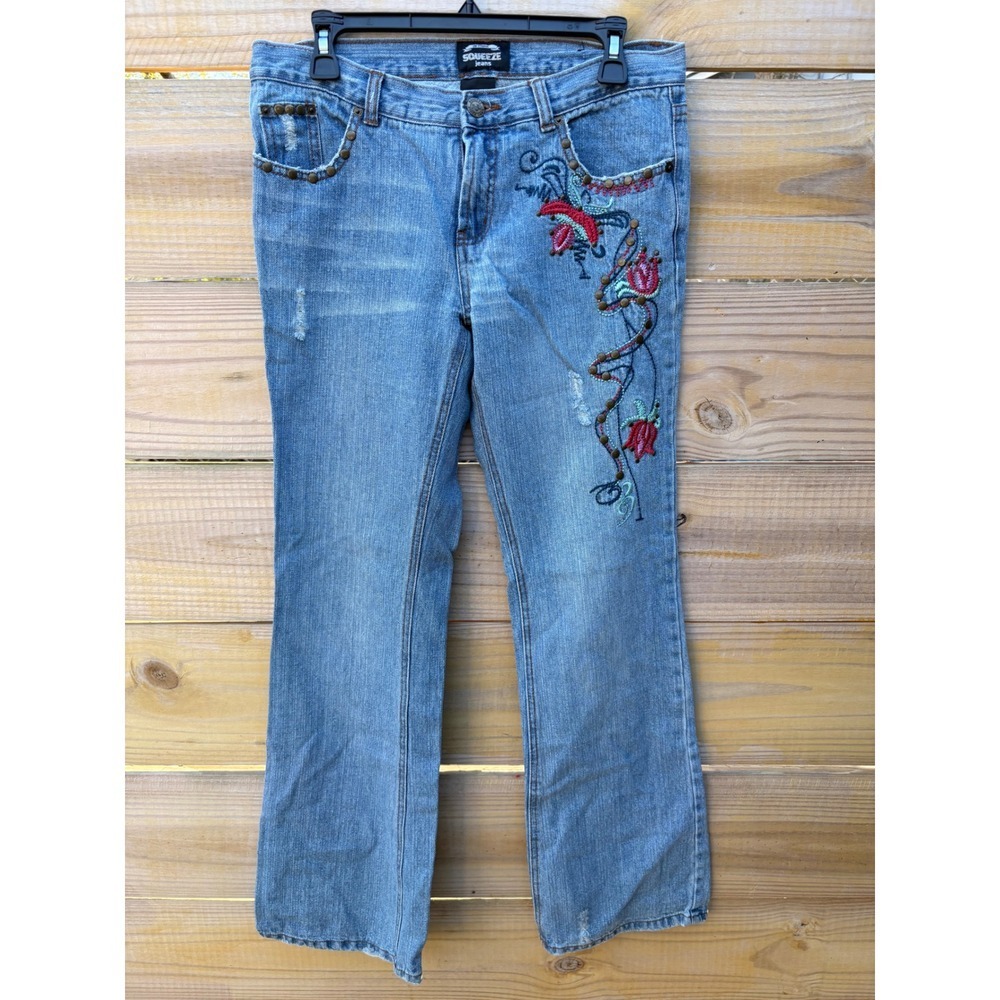 Squeeze Jeans low rise  Embroidered Studded Flared Distressed Denim Pants Sz 14